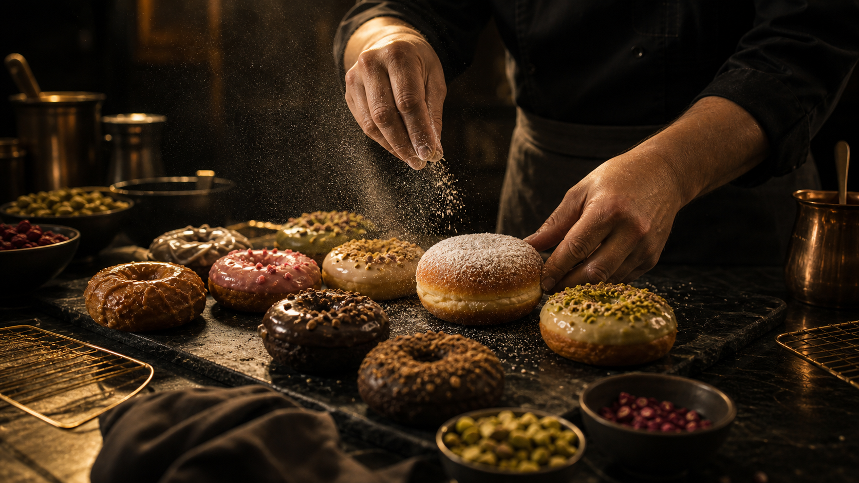 Glossy classic glazed donut with warm retro lighting