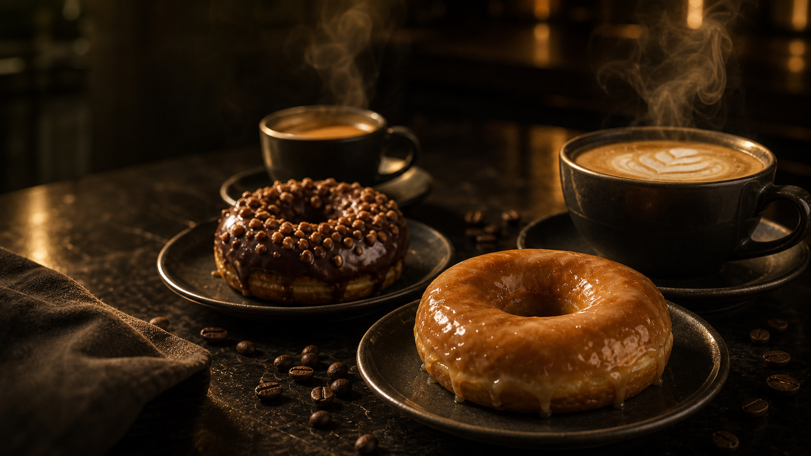Baker hands finishing assorted donuts with glaze and toppings